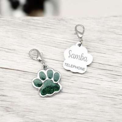 Médaille chien en forme de patte avec paillettes vertes