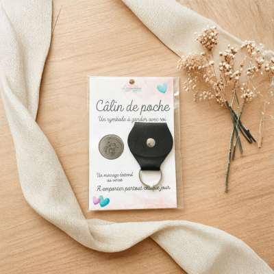 Câlin de poche – Jeton gravé mère fille avec pochette – Cadeau rentrée ou réconfort enfant