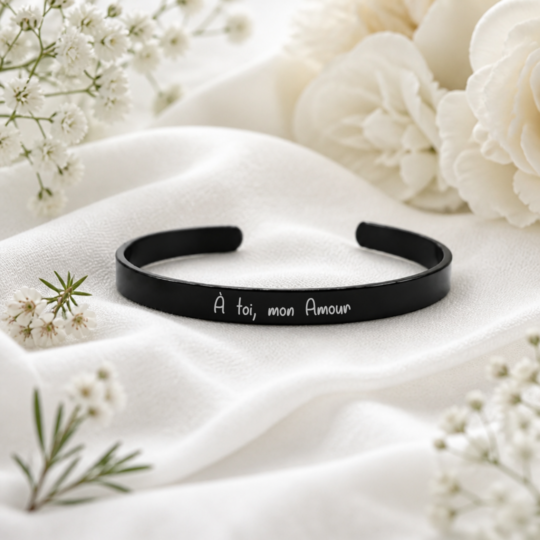 Bracelet manchette noir - Texte personnalisé
